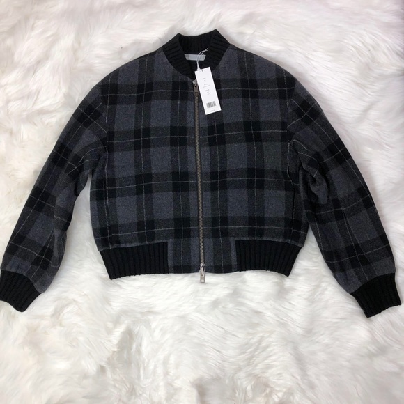 NWT $595 Vince Tonal Plaid Wool-knit Bomber Jacket In Black - Picture 4 of 6